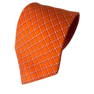 Hermès Paris Silk Tie Orange White Geometric Pattern Made in France Luxury